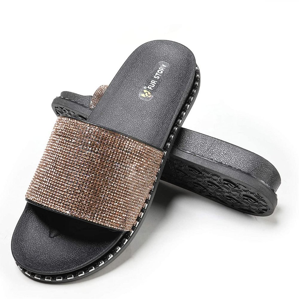 Fur Story Women's Slides Rhinestone Glitter Black Gold Platform Sandals NWT